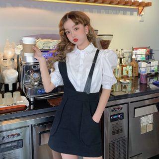 Elbow-sleeve Shirt / Mini A-line Suspender Skirt