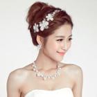 Bridal Set: Rhinestone Headpiece + Clip-on Earrings + Faux Pearl Necklace