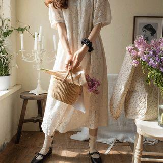 Elbow-sleeve Keyhole-front Long Lace Dress