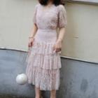 Short-sleeve Lace Tiered Midi Dress