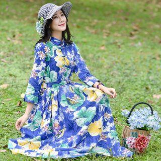 Ethnic Cropped Sleeve Cotton Linen Dress