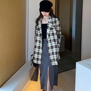 Double-breasted Plaid Blazer / Slit A-line Midi Skirt