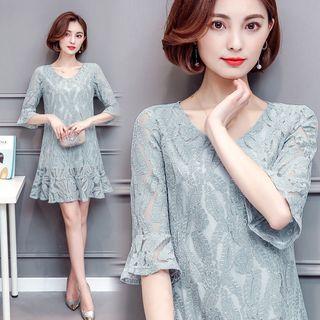 Elbow-sleeve Ruffle Lace Dress
