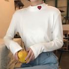 Mock-neck Heart Embroidered Long-sleeve T-shirt