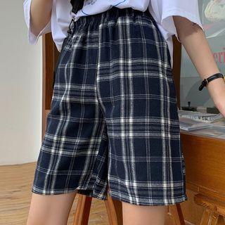Plaid Straight-fit Shorts Navy Blue - One Size