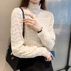 Long-sleeve Mock-neck Lace Top Milky White - One Size