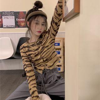 Long-sleeve Zebra Top Coffee & Khaki - One Size