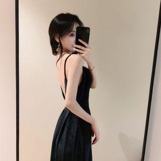 V-neck Plain A-line Dress Black - One Size