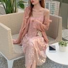 Ruffle Trim Open Front Chiffon Jacket / Sequined Spaghetti Strap Dress