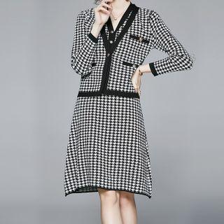 Set: Houndstooth Cardigan + Sleeveless Midi A-line Dress As Shown In Figure - One Size