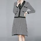 Set: Houndstooth Cardigan + Sleeveless Midi A-line Dress As Shown In Figure - One Size