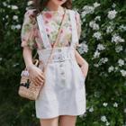 Set: Puff-sleeve Floral Print Top + Denim A-line Suspender Mini Skirt