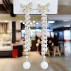 Bow Faux Crystal Faux Pearl Fringed Earring 1 Pair - Cs0132 - White - One Size