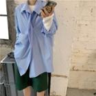 Plain Long-sleeve Loose-fit Shirt / Faux-leather Shorts