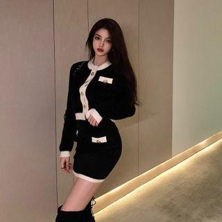 Color-block Single Breasted Cardigan / A-line Skirt