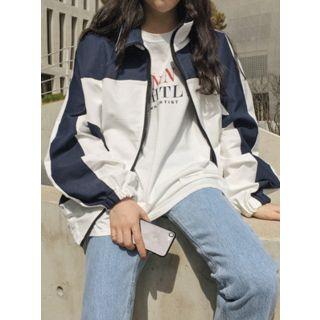 Stand-collar Two-tone Zip-up Jacket