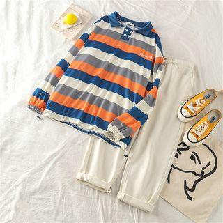 Striped Long-sleeve Loose-fit Polo-shirt / Plain Straight-leg Cropped Jeans