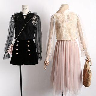 Two-tone Tie-neckline Ruffled Sheer Top + Camisole