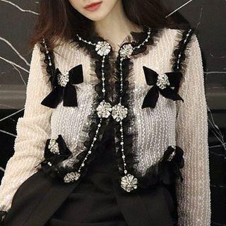 Mesh Trim Ribbon Single-breasted Tweed Jacket