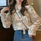 Bow-neck Floral Blouse Pink Flowers - White - One Size