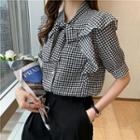 Elbow-sleeve Ribbon Tie-neck Houndstooth Blouse