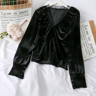 Lace-trim Ruched Velvet Top Black - One Size
