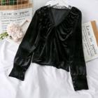 Lace-trim Ruched Velvet Top Black - One Size