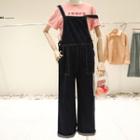 Wide-leg Denim Jumper Pants Dark Blue - One Size