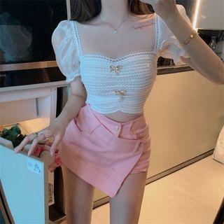 Puff-sleeve Cropped Knit Top White - One Size