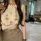 Short-sleeve Embroidered Knit Top / Mini Pencil Skort