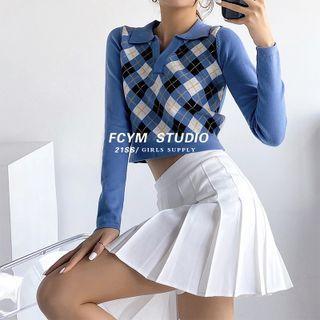 Argyle Long-sleeve Cropped Polo Shirt In 5 Colors