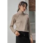 Turtleneck Long-sleeve Knit Top Light Brown - One Size