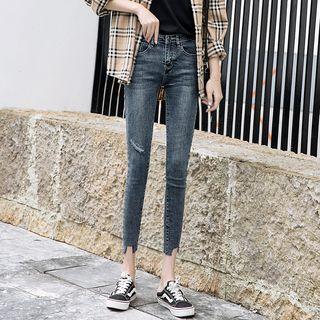 Ripped Asymmetric Cropped Skinny Jeans