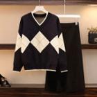 Long Sleeve V-neck Color Block Argyle Sweater/ Plain Knit A-line Skirt