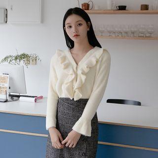 Ruffle-trim Bell-cuff Furry Cardigan