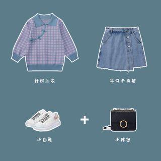 Frog-button Plaid Sweater / Fray Hem Mini A-line Denim Skirt
