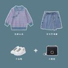 Frog-button Plaid Sweater / Fray Hem Mini A-line Denim Skirt