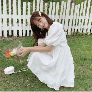 Puff-sleeve Plain Midi Dress / Mini Dress