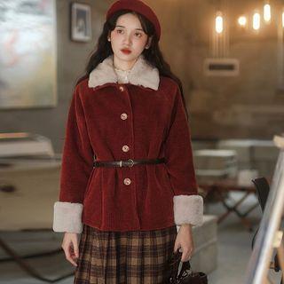 Fluffy Trim Jacket / Belt / Plaid Midi A-line Skirt / Set