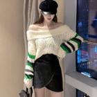 Off-shoulder Striped Cable Knit Sweater / A-line Mini Skirt