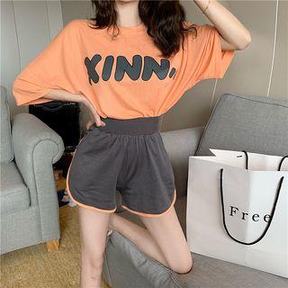 Set: Lettering Elbow-sleeve T-shirt + Piped Sweatshorts