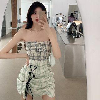 Color-block Plaid Drawstring Pleated A-line Mini Dress