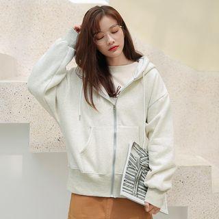 Plain Zip Hoodie Gray Beige - One Size