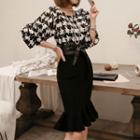 Printed 3/4-sleeve Top / Mermaid Hem Pencil Skirt With Belt