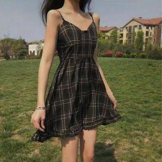 Spaghetti Strap V-neck Plaid A-line Dress