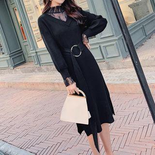 Lace Panel Knit Dress With Belt