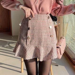 Inset Shorts Ruffled Tweed Miniskirt
