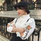 Flower Embroidered Mock Neck Blouse
