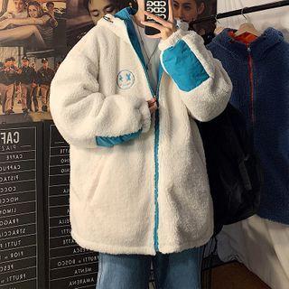 Smiley Face Embroidered Faux Fur Long-sleeve Zipped Hooded Jacket