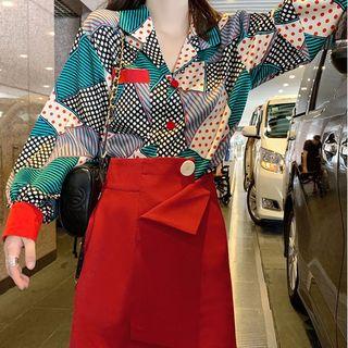 Long-sleeve Pattern Printed Shirt + High-waist Wrapped Skirt